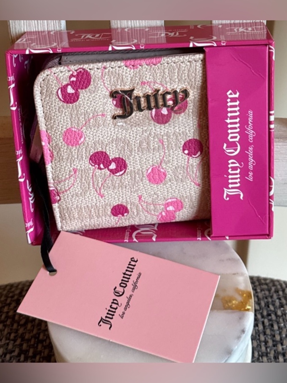 Juicy Couture Cream and Pink Cherry Print Zip Wallet